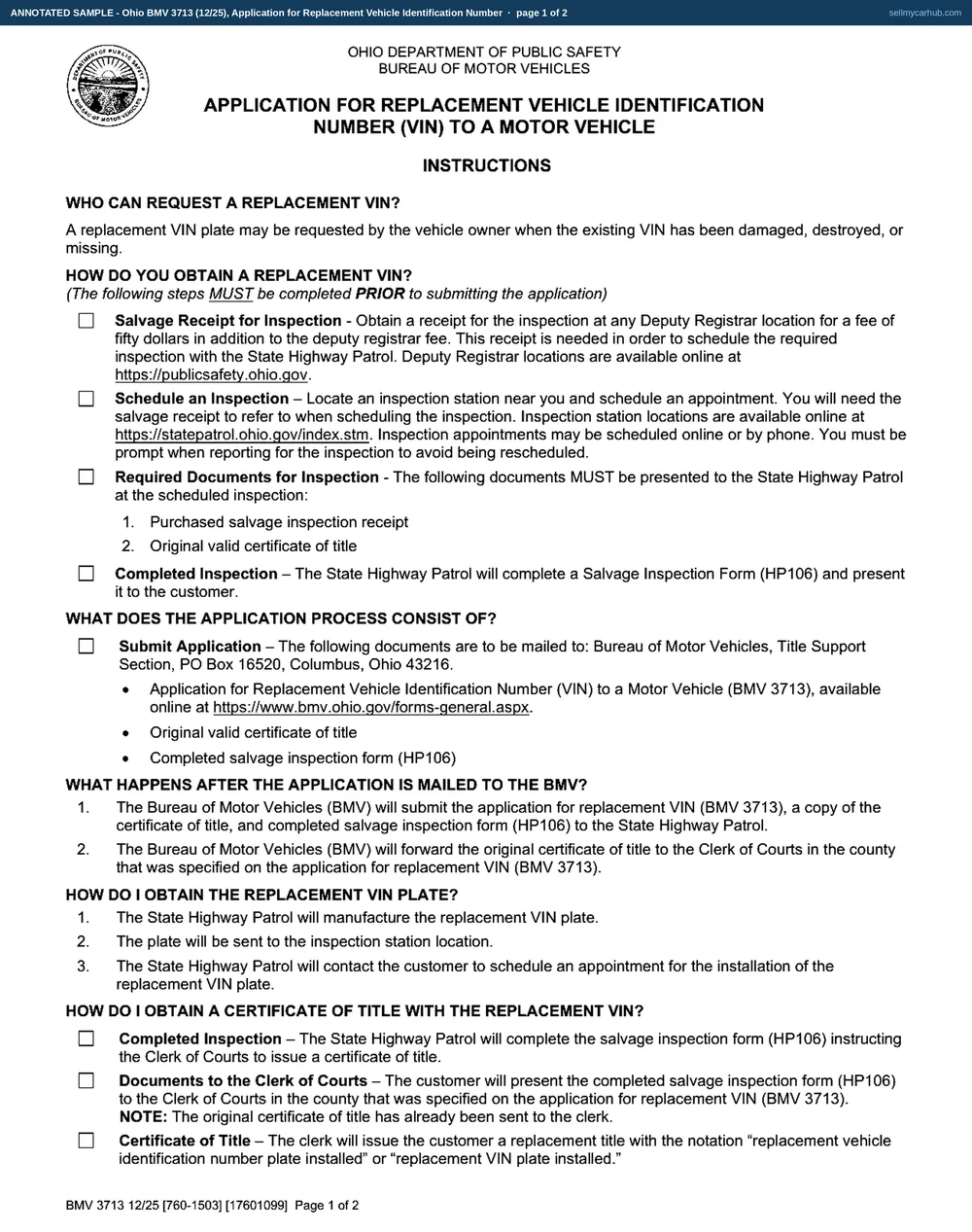 Ohio form BMV 3713 filled in on page two: the owner of the motor vehicle box ticked, State of Ohio and Muskingum County specified for the title replacement, a 2004 Jeep Wrangler with original VIN 1J4FA49S64P712846 and its certificate of title number, owner Tobias E. Marchetti of Zanesville, the plate recorded as Defaced by accident or other casualty, and the application signed on 18 August 2026 and notarised.