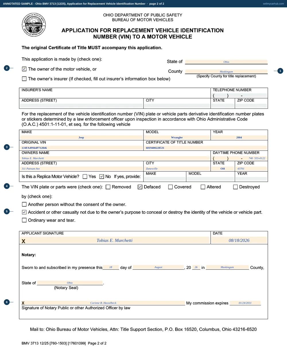 Ohio form BMV 3713 filled in on page two: the owner of the motor vehicle box ticked, State of Ohio and Muskingum County specified for the title replacement, a 2004 Jeep Wrangler with original VIN 1J4FA49S64P712846 and its certificate of title number, owner Tobias E. Marchetti of Zanesville, the plate recorded as Defaced by accident or other casualty, and the application signed on 18 August 2026 and notarised.