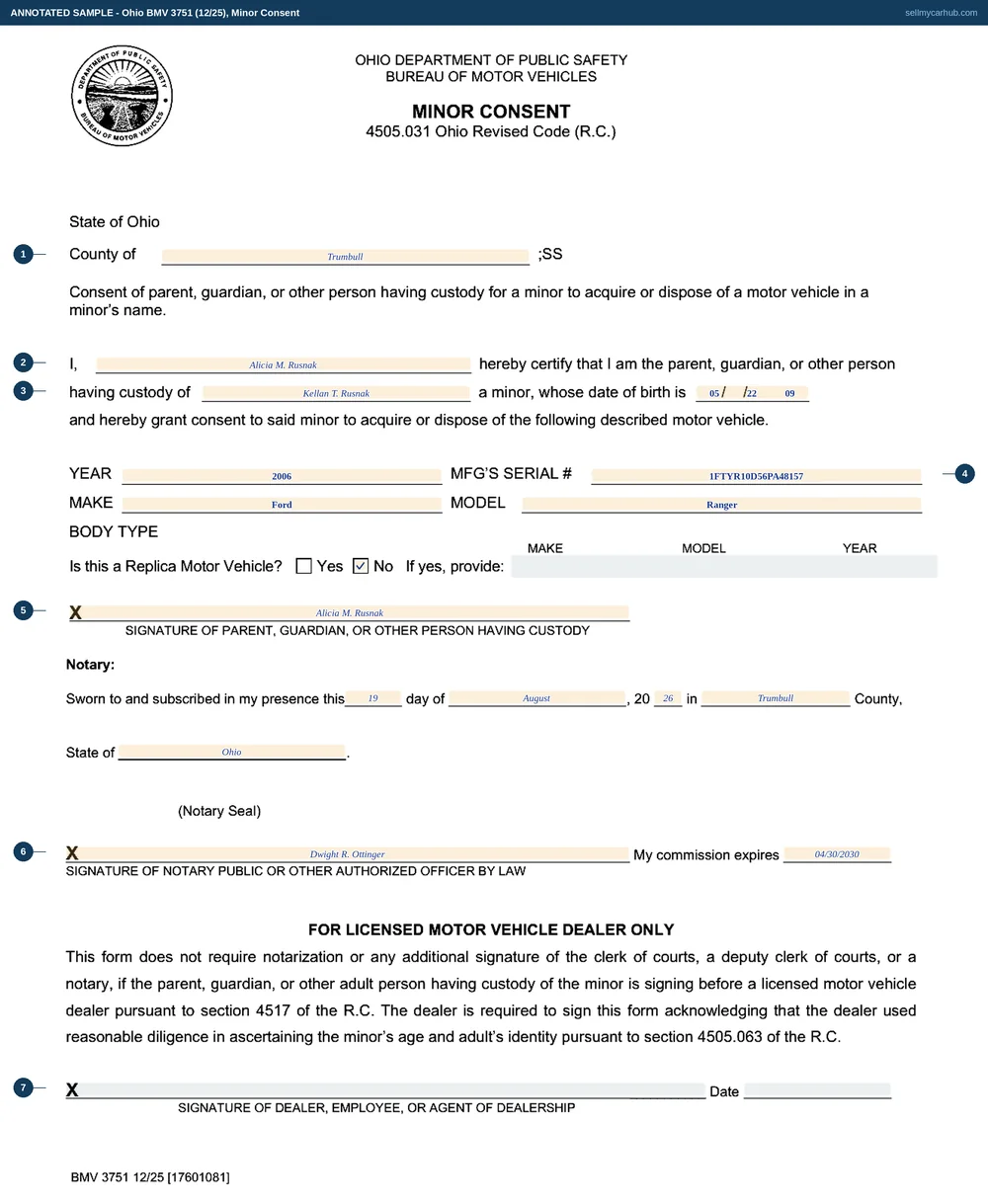 Ohio form BMV 3751 filled in: Alicia M. Rusnak certifies that she is the parent of Kellan T. Rusnak, born 22 May 2009, and consents to him disposing of a 2006 Ford Ranger, serial number 1FTYR10D56PA48157, signed in Trumbull County and notarised on 19 August 2026, with the licensed dealer block at the foot left empty.