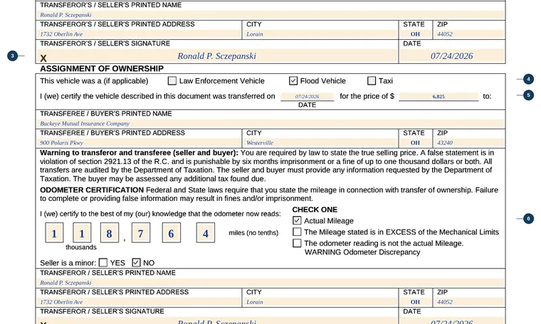 Part of page 1 of our filled-in example of Ohio BMV 3754, Ownership Assignment and Title Application for Insurance Companies, showing the filled-in entries