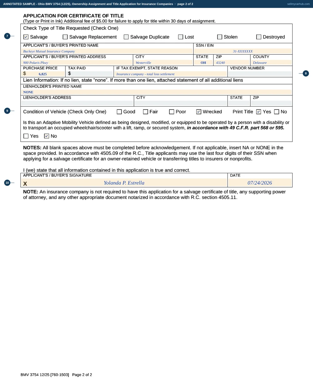 Ohio form BMV 3754 filled in: a 2013 Chevrolet Equinox, VIN 2GNALBEK9D6209744, with Buckeye Mutual Insurance Company appointed attorney-in-fact by owner Ronald P. Sczepanski of Lorain, the Flood Vehicle box ticked, the vehicle transferred on 24 July 2026 for 6,825 dollars, an odometer reading of 118764 with Actual Mileage ticked, and on page two a salvage certificate applied for with the condition ticked Wrecked and the lienholder line reading NONE.
