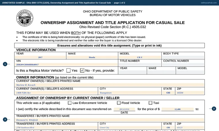 Top of page 1 of our filled-in example of Ohio BMV 3770, Ownership Assignment and Title Application for Casual Sale