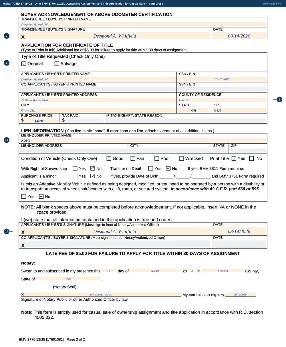 Ohio form BMV 3770 filled in for one private sale: a 2017 Honda CR-V, VIN 2HKRW2H84HH640917, current owner Marlene R. Kovach of Youngstown, transferred on 14 August 2026 for 12,400 dollars to Desmond A. Whitfield of Grove City, an odometer reading of 074318 written one digit per printed box with the Actual Mileage box ticked, the seller-is-a-minor question answered No, the transferor signature and notary acknowledgement completed on page one, and the buyer's acknowledgement, application, lien line reading NONE and second notary block completed on page two.