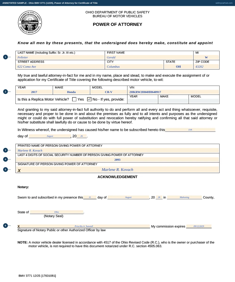 Ohio form BMV 3771 filled in: Marlene R. Kovach appoints Gerald W. Pelletier of Columbus as her attorney-in-fact for a 2017 Honda CR-V, VIN 2HKRW2H84HH640917, subscribed on 11 August 2026, with the last four digits of her Social Security number, her signature, and the notary acknowledgement completed.