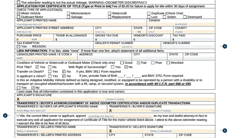 Part of our filled-in example of Ohio BMV 3772, Application for Dealer Assignment, showing the filled-in entries