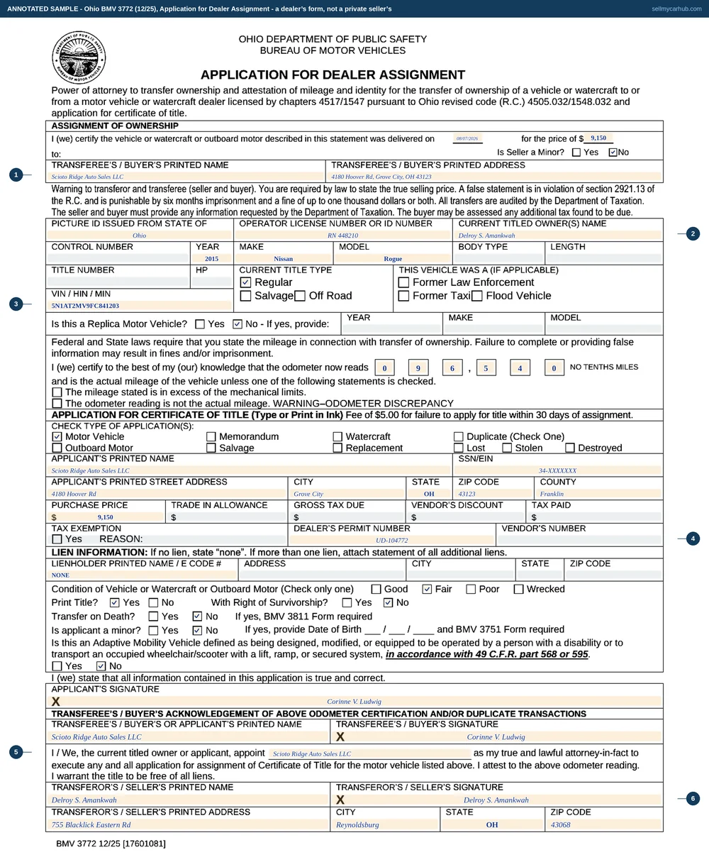 Ohio form BMV 3772 filled in for a trade-in: a 2015 Nissan Rogue, VIN 5N1AT2MV9FC841203, delivered 7 August 2026 for 9,150 dollars to Scioto Ridge Auto Sales LLC of Grove City, current titled owner Delroy S. Amankwah of Reynoldsburg, an odometer reading of 096540, the dealer's permit number entered on the application half, the lienholder line reading NONE, and the transferor block at the foot signed by the seller.