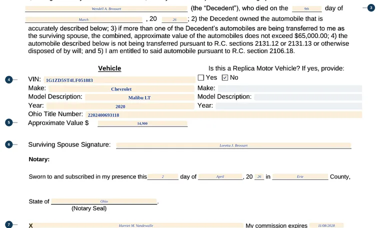 Part of our filled-in example of Ohio BMV 3773, Clerk of Courts Surviving Spouse Affidavit, showing the filled-in entries