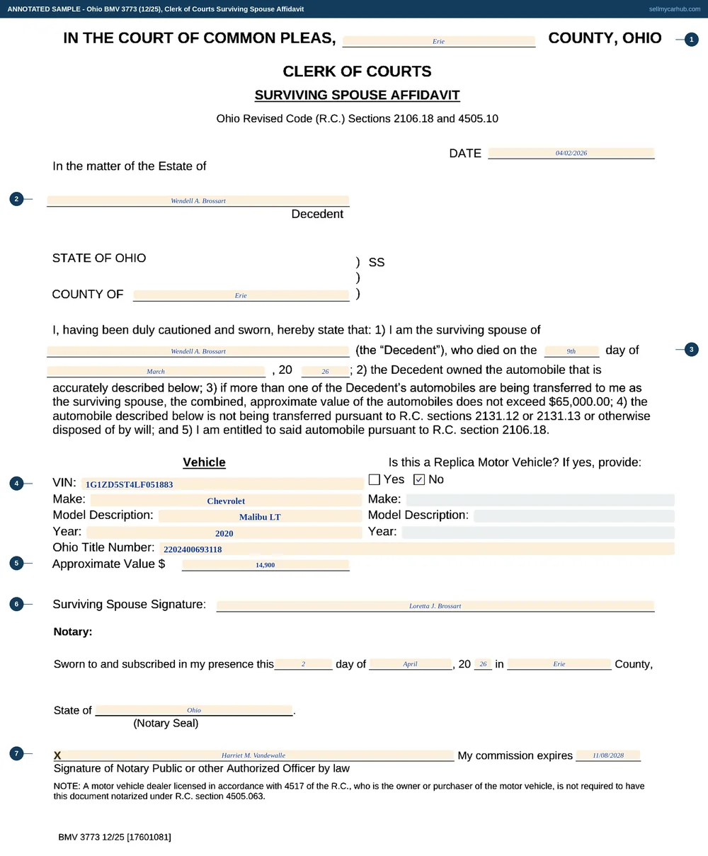 Ohio form BMV 3773 filled in: in the Court of Common Pleas, Erie County, in the matter of the estate of Wendell A. Brossart, who died on the 9th day of March 2026; the vehicle a 2020 Chevrolet Malibu LT with VIN 1G1ZD5ST4LF051883 and an approximate value of 14,900 dollars; signed by the surviving spouse Loretta J. Brossart and notarised on 2 April 2026.