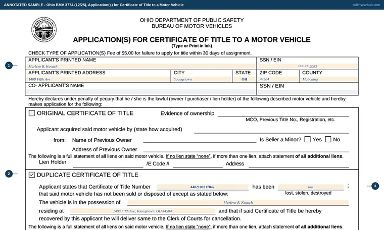 Top of our filled-in example of Ohio BMV 3774, Application(s) for Certificate of Title to a Motor Vehicle