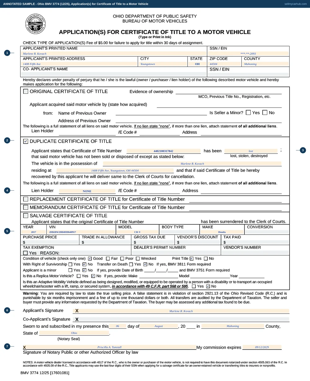 Ohio form BMV 3774 filled in as a duplicate application: applicant Marlene R. Kovach of Youngstown in Mahoning County, the Duplicate Certificate of Title box ticked, a title number entered with the word lost, the vehicle in her own possession at her own address, the lien holder line reading NONE, a 2017 Honda CR-V with VIN 2HKRW2H84HH640917, the condition ticked Good and a printed title requested, then signed and notarised.