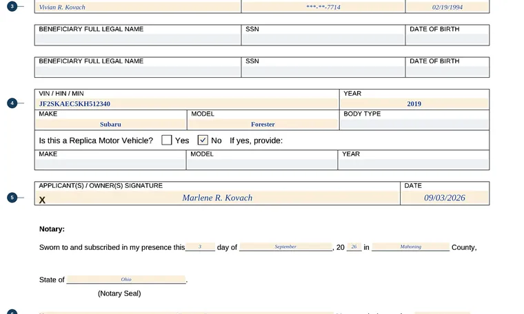 Part of our filled-in example of Ohio BMV 3811, Transfer on Death Beneficiary Designation / Removal Affidavit, showing the filled-in entries