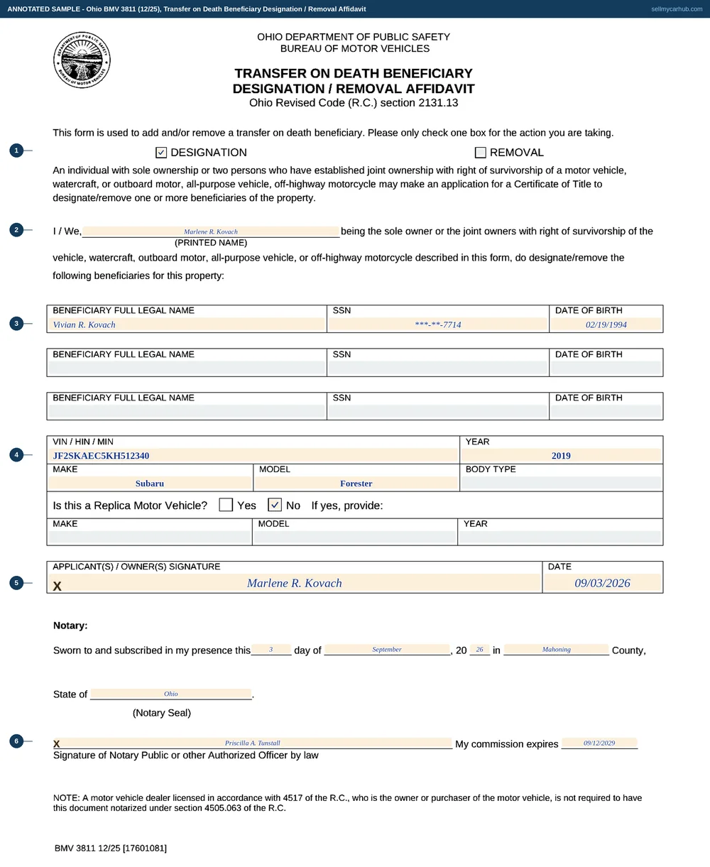 Ohio form BMV 3811 filled in: the Designation box ticked, Marlene R. Kovach as sole owner, Vivian R. Kovach named as the single beneficiary with her date of birth, the property a 2019 Subaru Forester with VIN JF2SKAEC5KH512340, signed 3 September 2026 and notarised in Mahoning County.