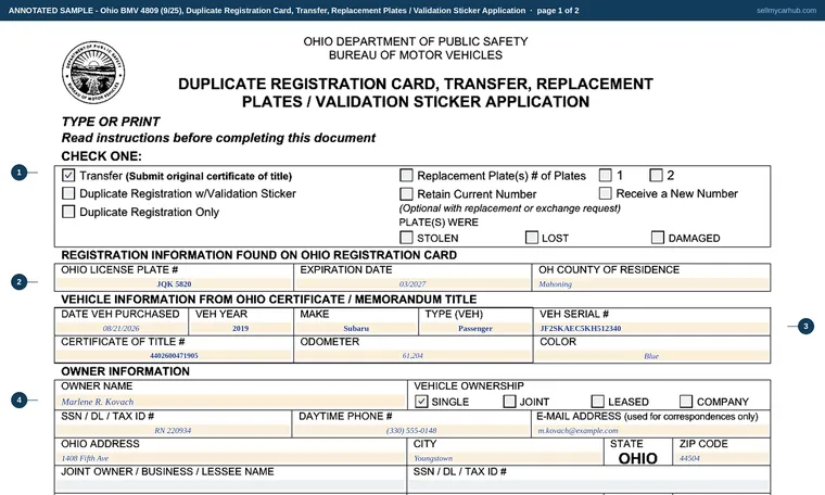 Top of page 1 of our filled-in example of Ohio BMV 4809, Duplicate Registration Card, Transfer, Replacement Plates / Validation Sticker Application
