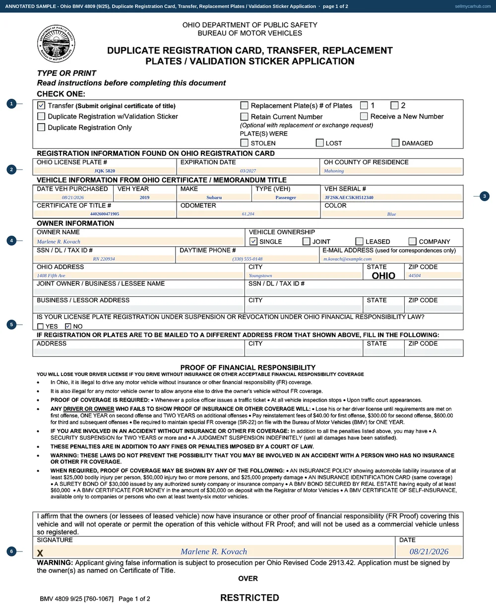 Ohio form BMV 4809 filled in as a transfer: the Transfer box ticked, plate JQK 5820 with an expiration date of March 2027 and Mahoning County of residence, the plate moving onto a 2019 Subaru Forester with serial number JF2SKAEC5KH512340 purchased 21 August 2026, owner Marlene R. Kovach of Youngstown with single ownership ticked, the suspension question answered No, and the affirmation signed and dated.