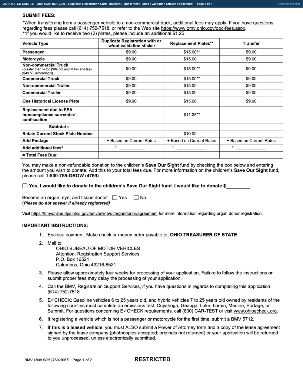 Ohio form BMV 4809 filled in as a transfer: the Transfer box ticked, plate JQK 5820 with an expiration date of March 2027 and Mahoning County of residence, the plate moving onto a 2019 Subaru Forester with serial number JF2SKAEC5KH512340 purchased 21 August 2026, owner Marlene R. Kovach of Youngstown with single ownership ticked, the suspension question answered No, and the affirmation signed and dated.