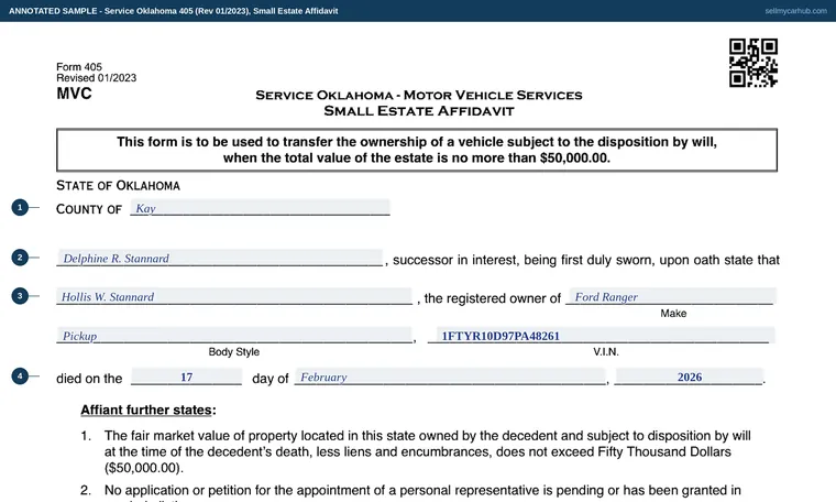 Top of our filled-in example of Oklahoma 405, Small Estate Affidavit