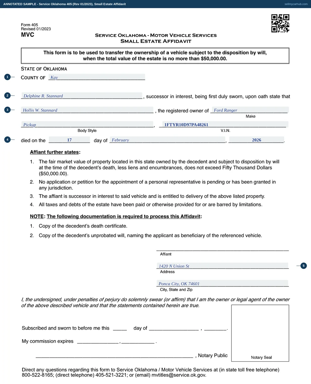 Service Oklahoma Form 405, Small Estate Affidavit, filled in by Delphine R. Stannard of Kay County as successor in interest: Hollis W. Stannard, registered owner of a Ford Ranger pickup, vehicle identification number 1FTYR10D97PA48261, died on 17 February 2026.