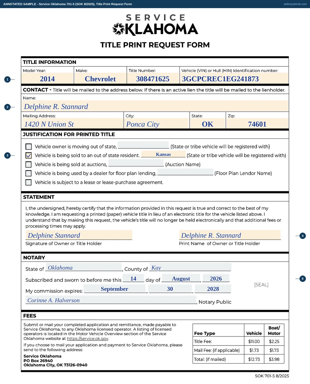 Service Oklahoma Form 701-5, Title Print Request Form, filled in by Delphine R. Stannard for a 2014 Chevrolet Silverado 1500, vehicle identification number 3GCPCREC1EG241873, title number 308471625, with the justification 'Vehicle is being sold to an out of state resident' ticked and Kansas named as the state it will be registered with.