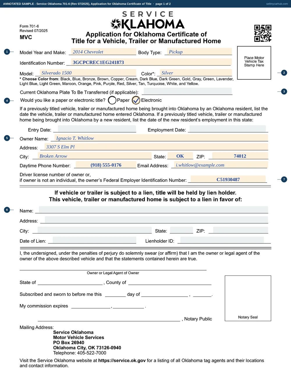 Both pages of Service Oklahoma Form 701-6 filled in by buyer Ignacio T. Whitlow for a 2014 Chevrolet Silverado 1500, vehicle identification number 3GCPCREC1EG241873, in Silver, requesting an electronic title, with no lien recorded, five tires at 19.5 inches or less, no damage or theft declared, no flood damage, and an odometer reading of 96,418 in the inspection band.
