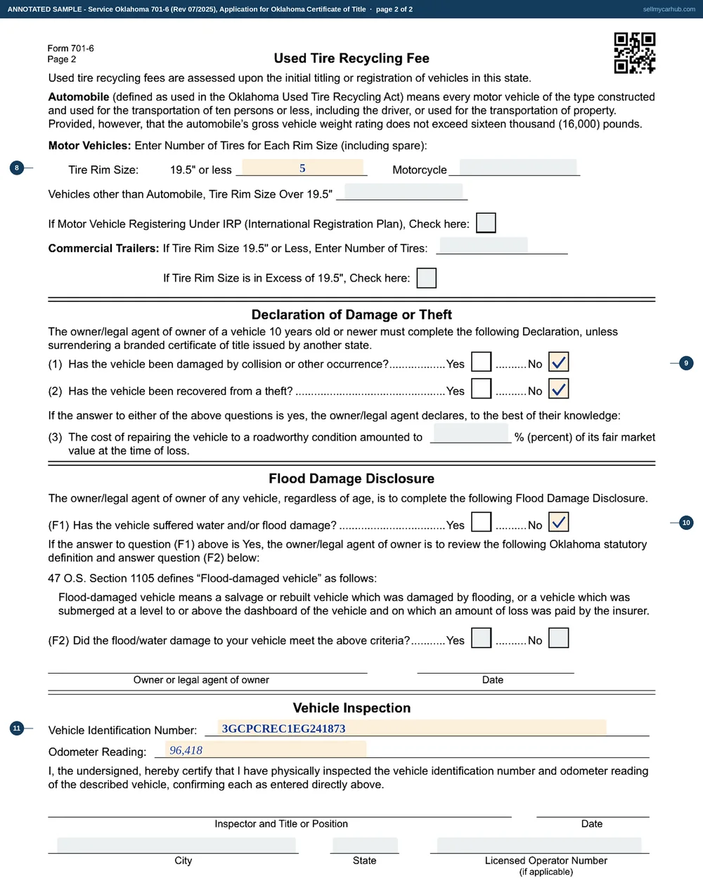 Both pages of Service Oklahoma Form 701-6 filled in by buyer Ignacio T. Whitlow for a 2014 Chevrolet Silverado 1500, vehicle identification number 3GCPCREC1EG241873, in Silver, requesting an electronic title, with no lien recorded, five tires at 19.5 inches or less, no damage or theft declared, no flood damage, and an odometer reading of 96,418 in the inspection band.