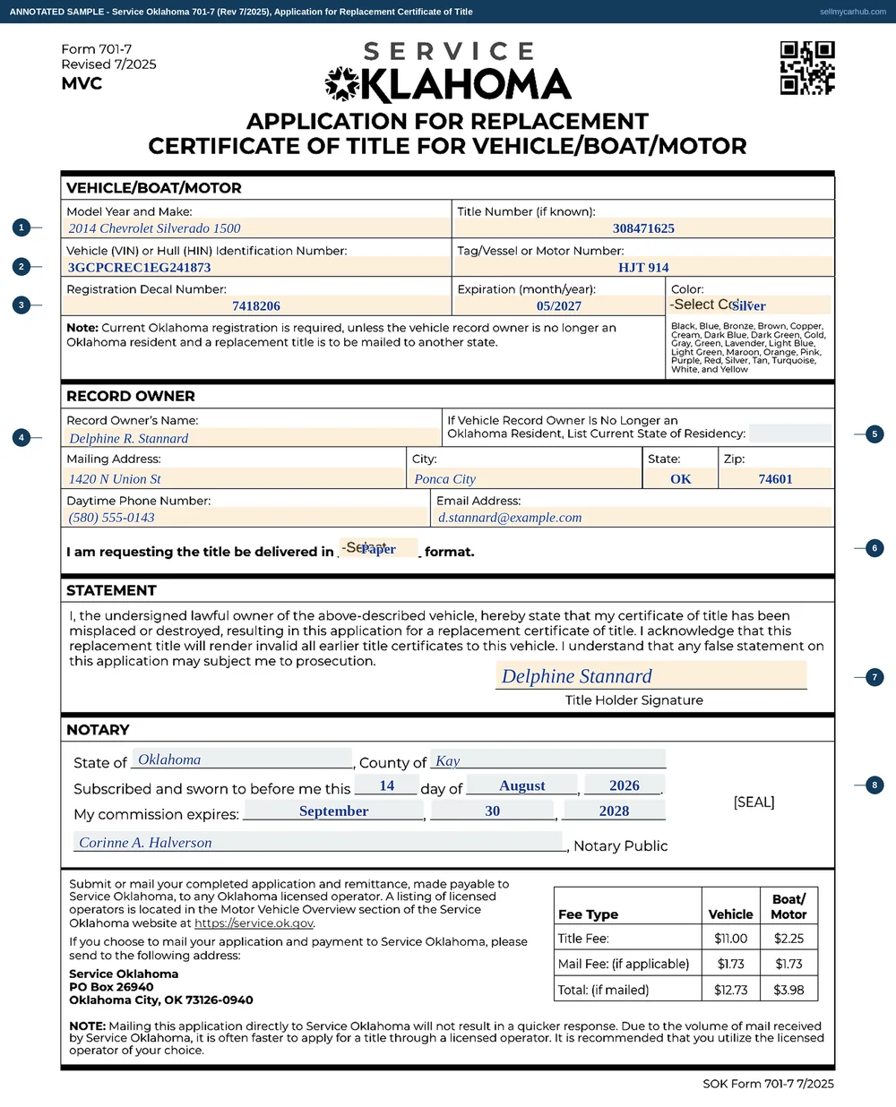 Service Oklahoma Form 701-7, Application for Replacement Certificate of Title, filled in by Delphine R. Stannard of Ponca City for a 2014 Chevrolet Silverado 1500, vehicle identification number 3GCPCREC1EG241873, title number 308471625, decal 7418206 expiring 05/2027, in Silver, with a completed notary block.