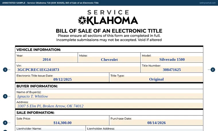 Top of our filled-in example of Oklahoma 718, Bill of Sale of an Electronic Title