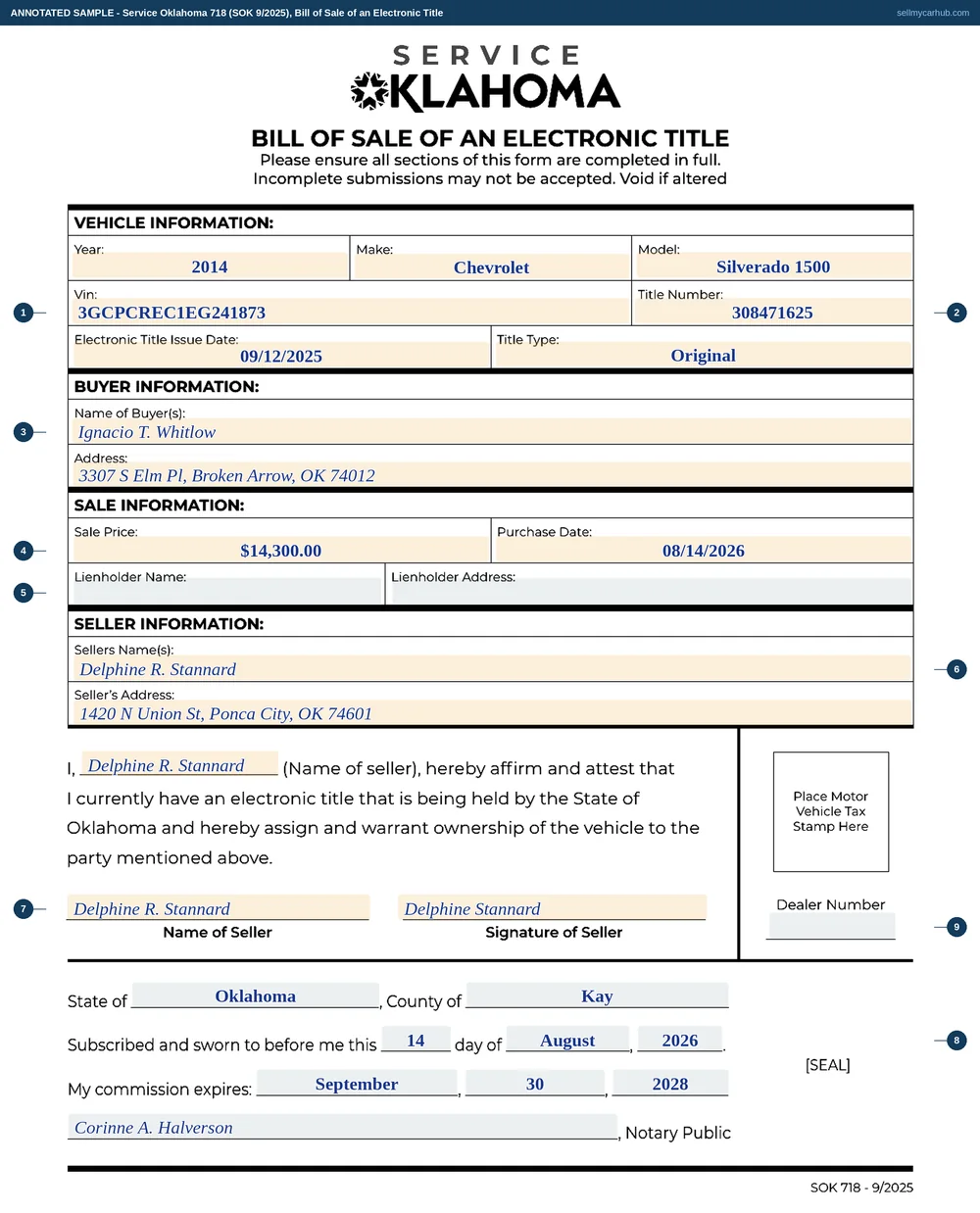 Service Oklahoma Form 718, Bill of Sale of an Electronic Title, filled in: a 2014 Chevrolet Silverado 1500, vehicle identification number 3GCPCREC1EG241873, sold by Delphine R. Stannard of Ponca City to Ignacio T. Whitlow of Broken Arrow on 14 August 2026 for $14,300, with the seller's printed name and signature above a completed notary block. The dealer number box is washed grey.