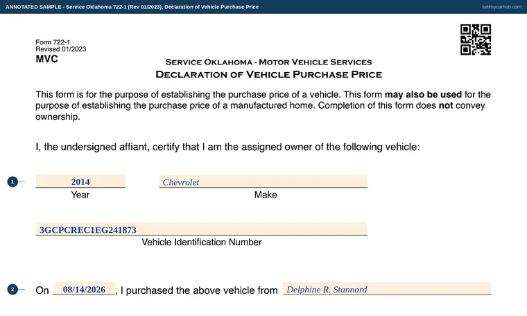 Top of our filled-in example of Oklahoma 722-1, Declaration of Vehicle Purchase Price