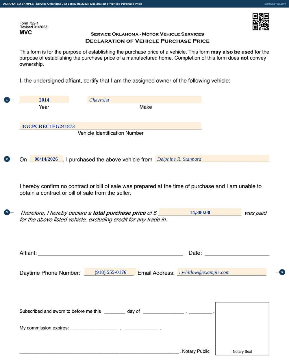 Service Oklahoma Form 722-1, Declaration of Vehicle Purchase Price, filled in by buyer Ignacio T. Whitlow: a 2014 Chevrolet Silverado 1500, vehicle identification number 3GCPCREC1EG241873, purchased on 14 August 2026 from Delphine R. Stannard, with a declared total purchase price of $14,300.