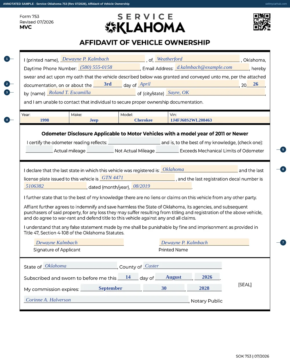 Service Oklahoma Form 753, Affidavit of Vehicle Ownership, filled in by Dewayne P. Kalmbach of Weatherford for a 1998 Jeep Cherokee, vehicle identification number 1J4FJ68S2WL208463, conveyed on 3 April 2026 by Roland T. Escamilla of Sayre, with the odometer band left blank because the vehicle is older than the 2011 model year, and the last registration recorded as Oklahoma plate GTN 4471.