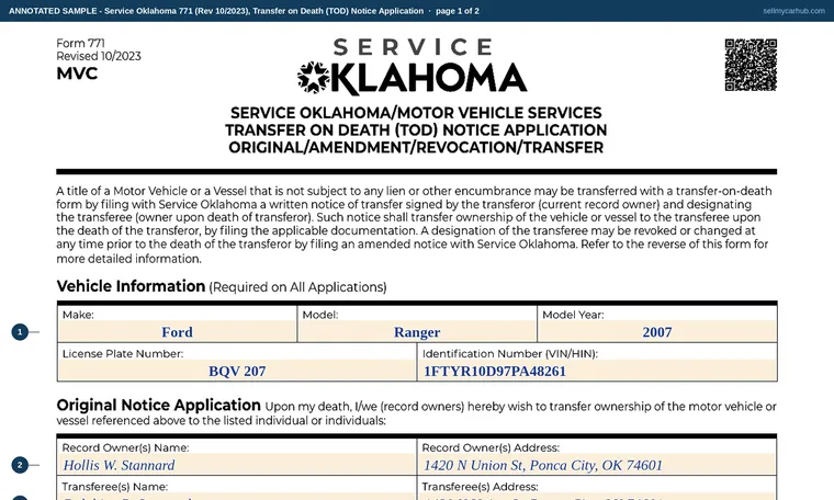 Top of page 1 of our filled-in example of Oklahoma 771, Transfer on Death (TOD) Notice Application