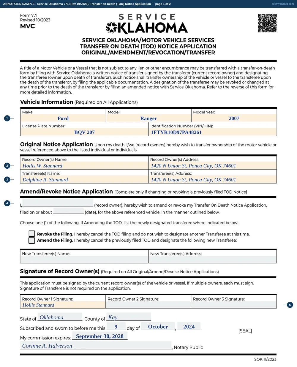 Both sides of Service Oklahoma Form 771, Transfer on Death Notice Application, filled in: record owner Hollis W. Stannard of Ponca City naming Delphine R. Stannard as transferee of a 2007 Ford Ranger, vehicle identification number 1FTYR10D97PA48261, plate BQV 207, with the reverse completed as a transferee title application after his death.