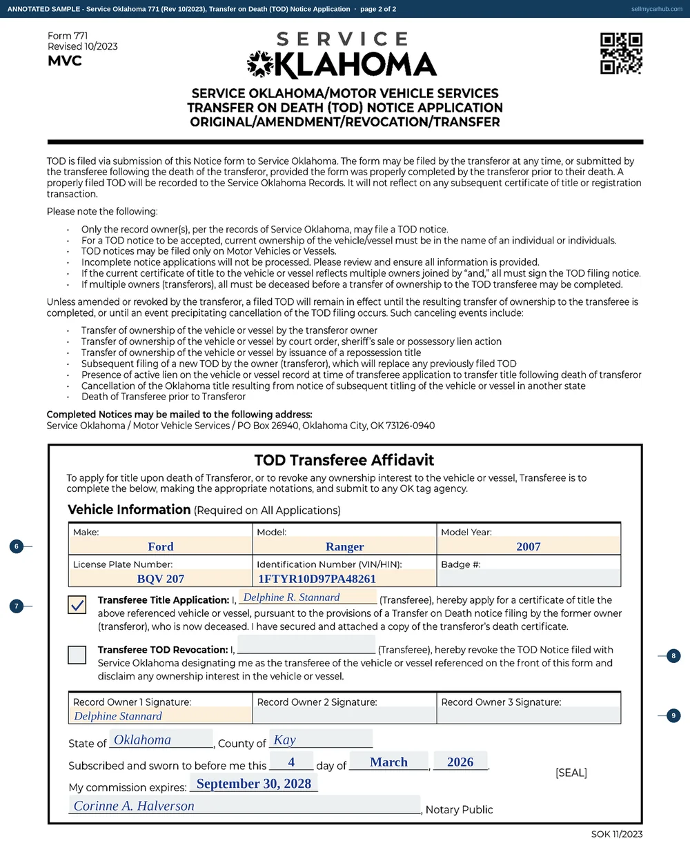 Both sides of Service Oklahoma Form 771, Transfer on Death Notice Application, filled in: record owner Hollis W. Stannard of Ponca City naming Delphine R. Stannard as transferee of a 2007 Ford Ranger, vehicle identification number 1FTYR10D97PA48261, plate BQV 207, with the reverse completed as a transferee title application after his death.