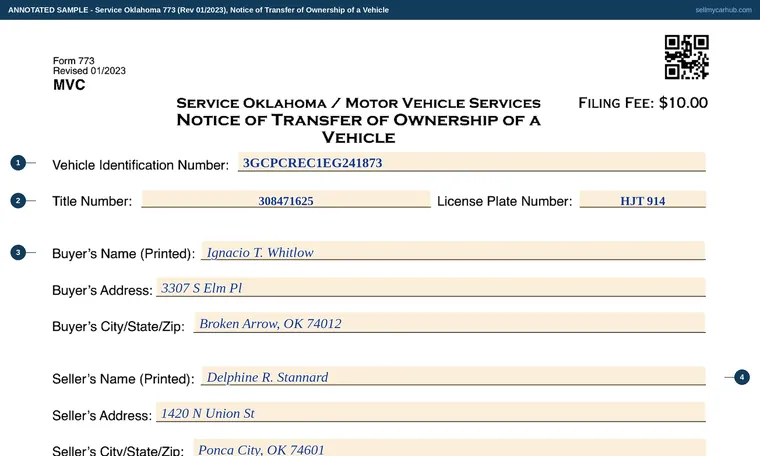 Top of our filled-in example of Oklahoma 773, Notice of Transfer of Ownership of a Vehicle