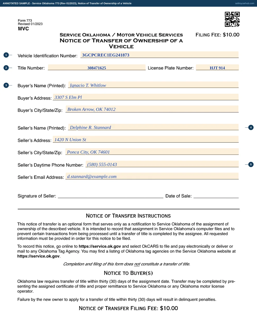 Service Oklahoma Form 773, Notice of Transfer of Ownership of a Vehicle, filled in by seller Delphine R. Stannard of Ponca City: vehicle identification number 3GCPCREC1EG241873, title number 308471625, plate HJT 914, transferred to Ignacio T. Whitlow of Broken Arrow, with a date of sale of 14 August 2026.