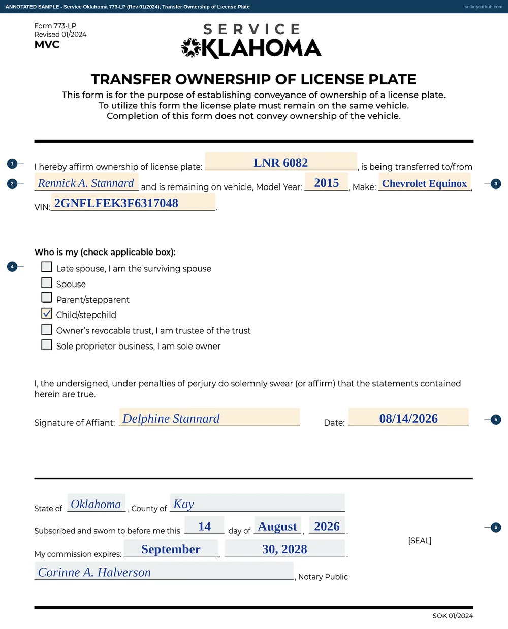 Service Oklahoma Form 773-LP, Transfer Ownership of License Plate, filled in by Delphine R. Stannard: plate LNR 6082 transferred to Rennick A. Stannard and remaining on a 2015 Chevrolet Equinox, vehicle identification number 2GNFLFEK3F6317048, with the Child/stepchild box ticked.
