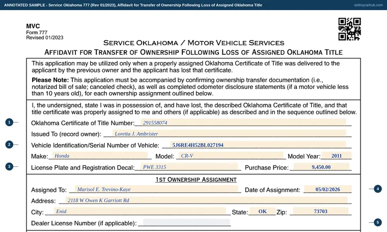 Top of our filled-in example of Oklahoma 777, Affidavit for Transfer of Ownership Following Loss of Assigned Oklahoma Title