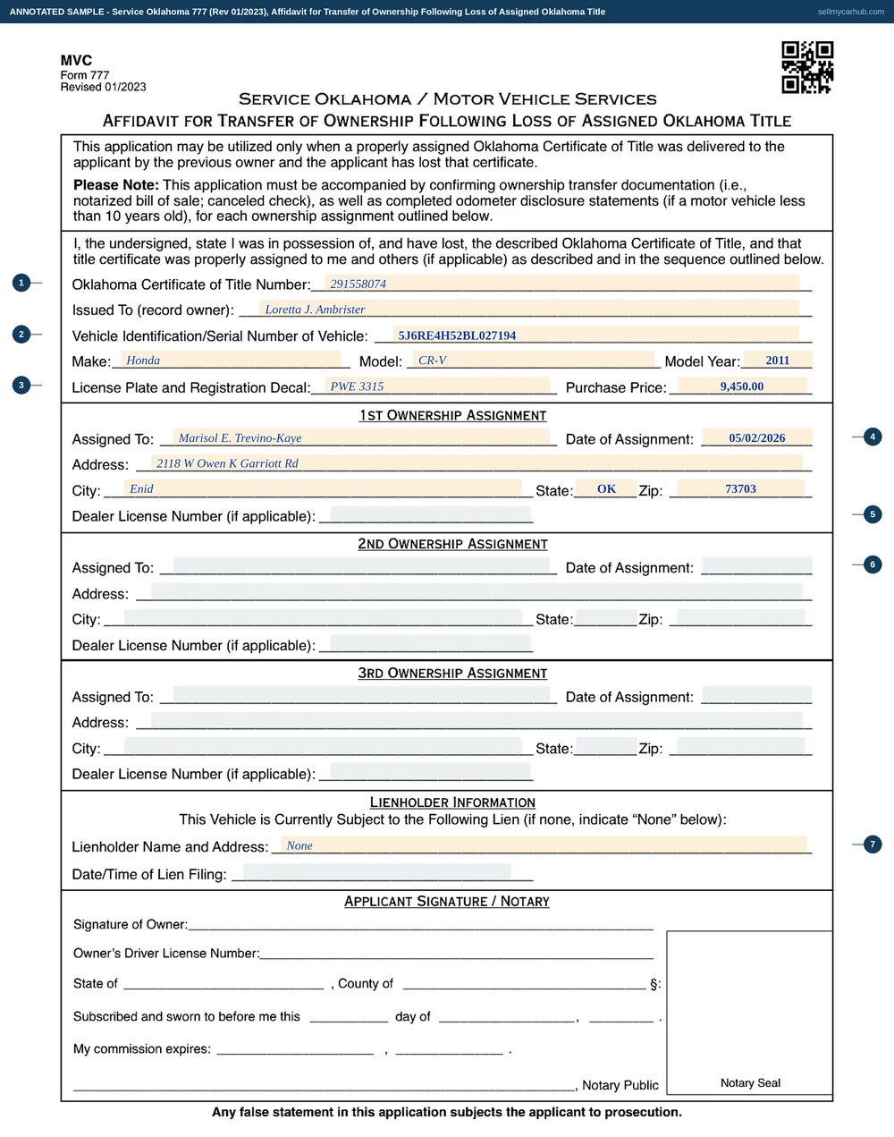 Service Oklahoma Form 777, Affidavit for Transfer of Ownership Following Loss of Assigned Oklahoma Title, filled in: title number 291558074 issued to Loretta J. Ambrister, a 2011 Honda CR-V, vehicle identification number 5J6RE4H52BL027194, plate PWE 3315, purchase price 9450.00, with one ownership assignment to Marisol E. Trevino-Kaye of Enid dated 2 May 2026 and the lienholder block marked None.