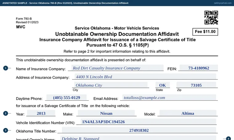 Top of our filled-in example of Oklahoma 780-B, Unobtainable Ownership Documentation Affidavit