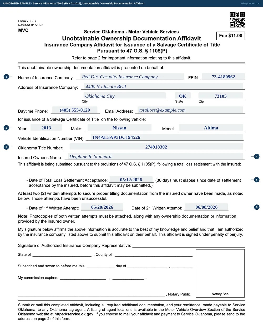 Service Oklahoma Form 780-B, Unobtainable Ownership Documentation Affidavit, filled in by Red Dirt Casualty Insurance Company for a 2013 Nissan Altima, vehicle identification number 1N4AL3AP3DC194526, title number 274918302, insured owner Delphine R. Stannard, with a total loss settlement accepted on 12 May 2026 and written attempts dated 20 May and 8 June 2026.