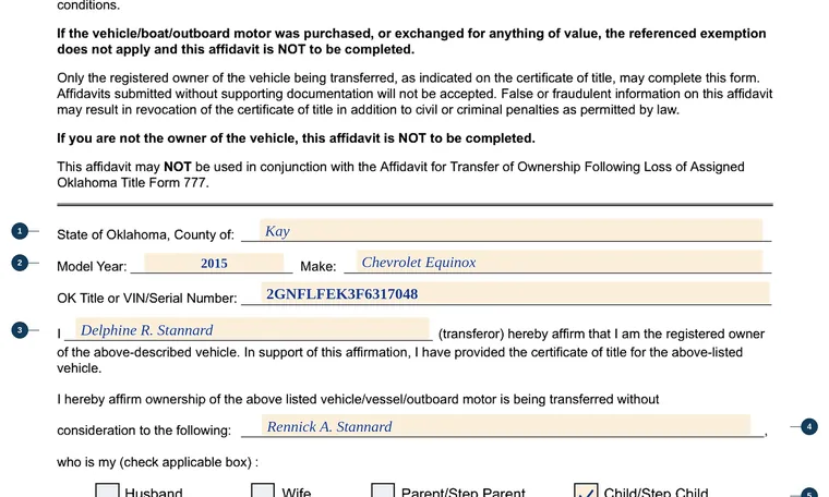 Part of our filled-in example of Oklahoma 794, Family Affidavit, showing the filled-in entries