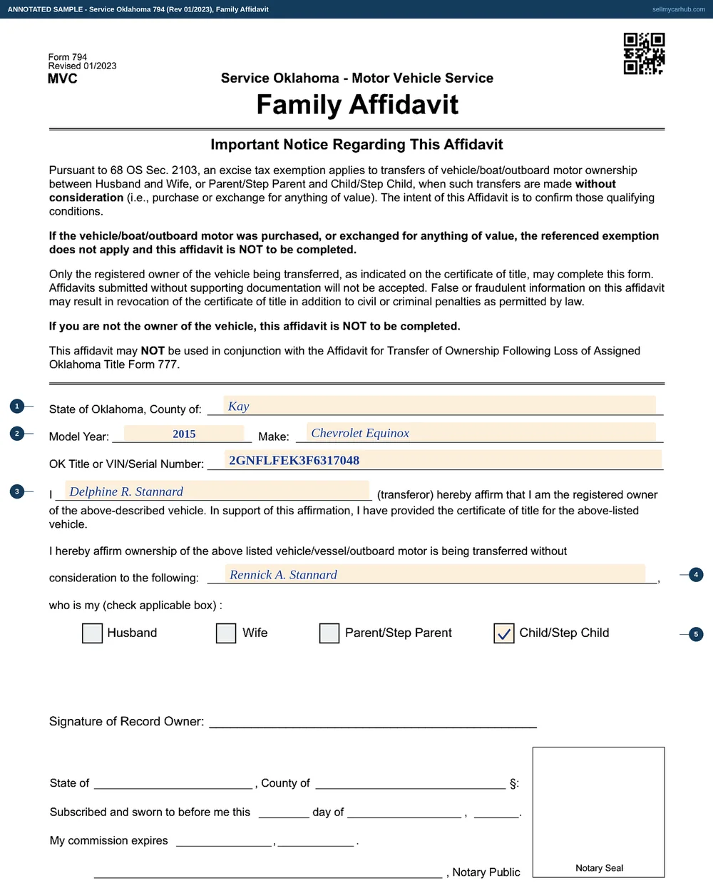 Service Oklahoma Form 794, Family Affidavit, filled in by Delphine R. Stannard of Kay County, transferring a 2015 Chevrolet Equinox, vehicle identification number 2GNFLFEK3F6317048, without consideration to Rennick A. Stannard, with the Child/Step Child box ticked.