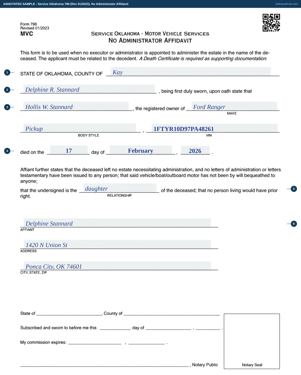 Service Oklahoma Form 798, No Administrator Affidavit, filled in by Delphine R. Stannard of Kay County: Hollis W. Stannard, registered owner of a Ford Ranger pickup, vehicle identification number 1FTYR10D97PA48261, died on 17 February 2026, and the affiant is his daughter.