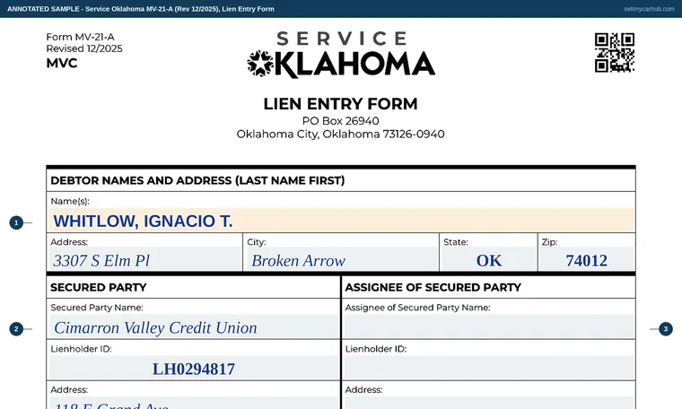 Top of our filled-in example of Oklahoma MV-21-A, Lien Entry Form