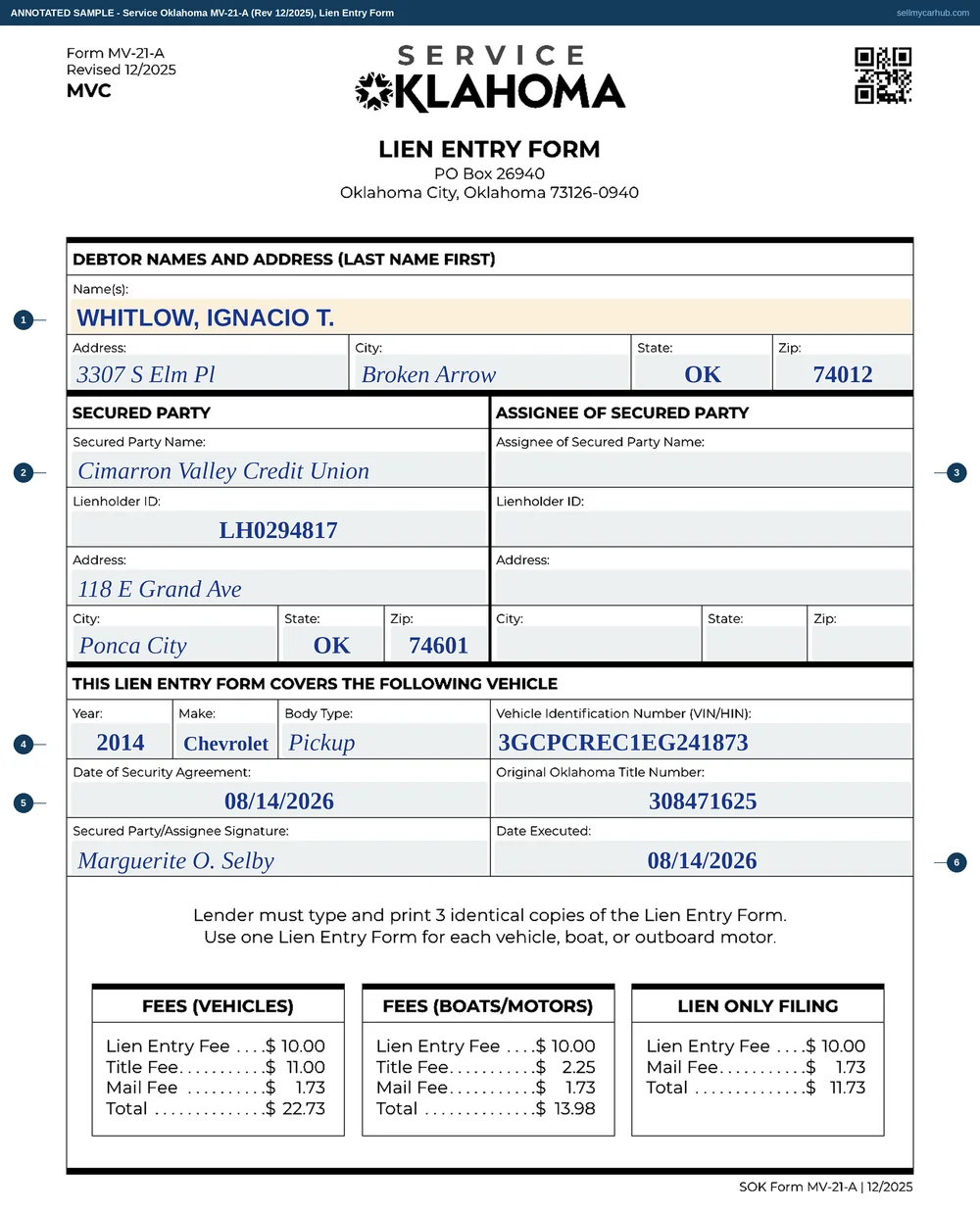 Service Oklahoma Form MV-21-A, Lien Entry Form, completed by a lender: debtor Whitlow, Ignacio T. of Broken Arrow, secured party Cimarron Valley Credit Union with lienholder identifier LH0294817, covering a 2014 Chevrolet Silverado 1500, vehicle identification number 3GCPCREC1EG241873, under a security agreement dated 14 August 2026.