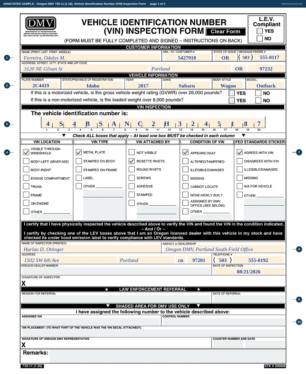 An Oregon VIN Inspection Form filled in: customer Odalys M. Ferreira of Portland, a 2017 Subaru Outback previously plated in Idaho, the VIN 4S4BSANC2H3245187 written one character per cell across the twenty-box comb, visible through windshield ticked under VIN LOCATION, metal plate under VIN TYPE, rosette rivets under VIN ATTACHED BY, appears okay under CONDITION OF VIN, and an inspector's name, agency and date at the foot.