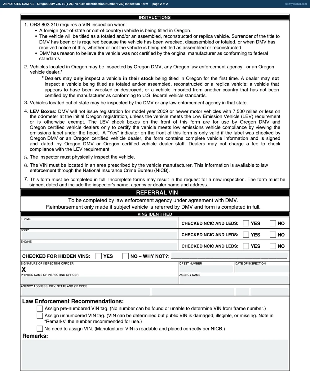 An Oregon VIN Inspection Form filled in: customer Odalys M. Ferreira of Portland, a 2017 Subaru Outback previously plated in Idaho, the VIN 4S4BSANC2H3245187 written one character per cell across the twenty-box comb, visible through windshield ticked under VIN LOCATION, metal plate under VIN TYPE, rosette rivets under VIN ATTACHED BY, appears okay under CONDITION OF VIN, and an inspector's name, agency and date at the foot.