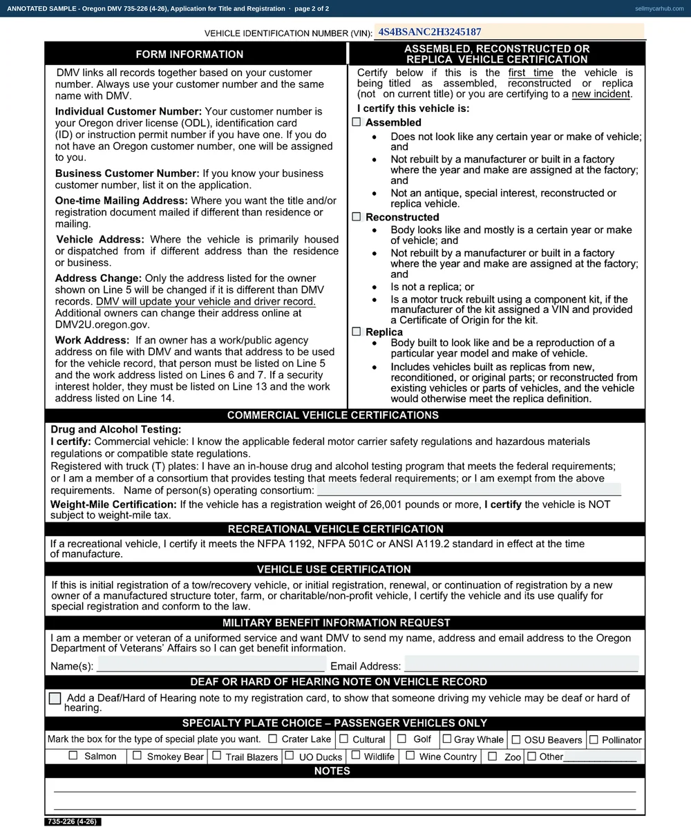 An Oregon Form 735-226 filled in for one private sale: VIN 4S4BSANC2H3245187, a 2017 Subaru Outback, plate TKM 418, an odometer reading of 92415 with neither exception box marked, applicant Odalys M. Ferreira of Portland in Multnomah County, Both ticked on line 10, the security interest lines left grey, an insurance company and policy number on line 19, and the applicant signed and dated.