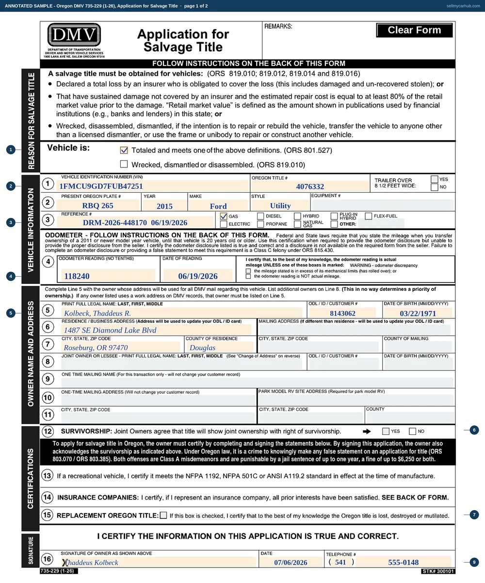 An Oregon Application for Salvage Title filled in: the totalled box ticked, VIN 1FMCU9GD7FUB47251, title number 4076332, a 2015 Ford Escape, plate RBQ 265, a claim reference and date of loss in the reference block, an odometer reading of 118240, owner Thaddeus R. Kolbeck of Roseburg in Douglas County, and the owner's signature dated on line 16.