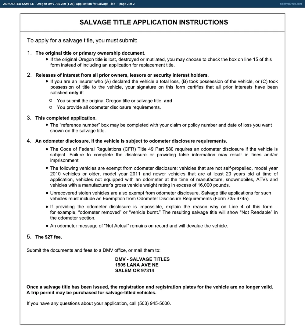 An Oregon Application for Salvage Title filled in: the totalled box ticked, VIN 1FMCU9GD7FUB47251, title number 4076332, a 2015 Ford Escape, plate RBQ 265, a claim reference and date of loss in the reference block, an odometer reading of 118240, owner Thaddeus R. Kolbeck of Roseburg in Douglas County, and the owner's signature dated on line 16.